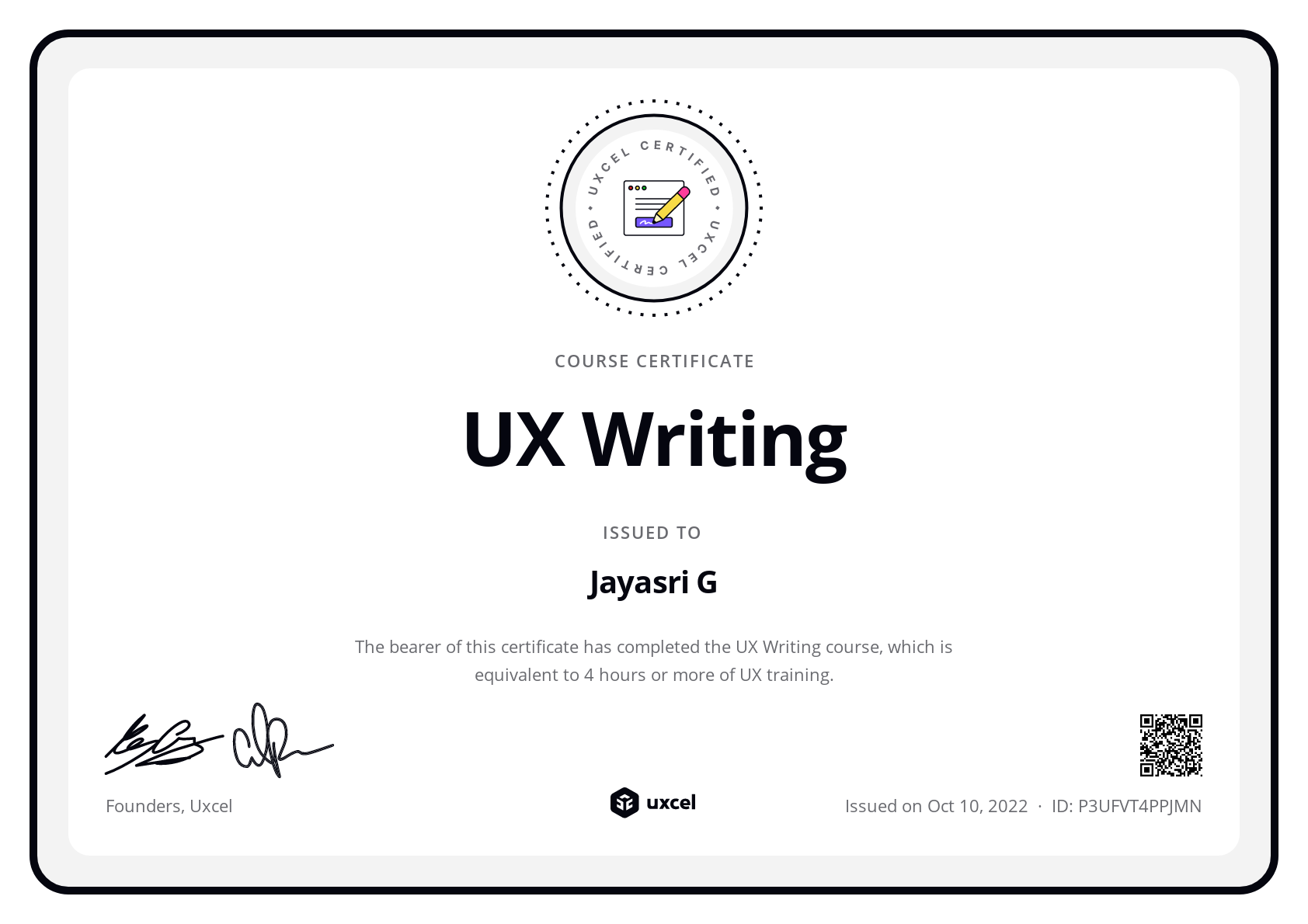 Jayasri G's certificate